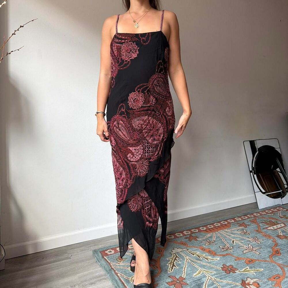 Vintage Y2K black, pink, and burgundy paisley slip dress